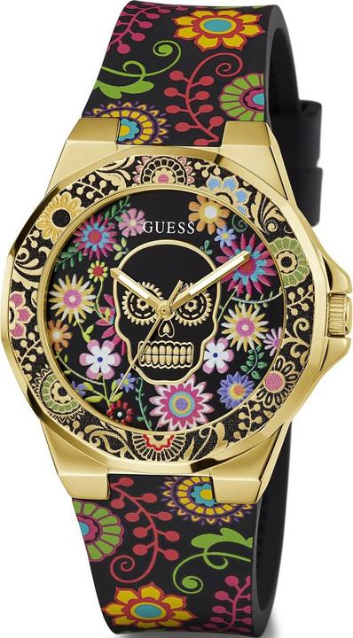 Actual product image Guess P GLD CS W/ FLORAL TR / SUN BLK DIGITAL PRINT DL / BLK FLORAL SILICONE STRP Wristwatch (38 mm)