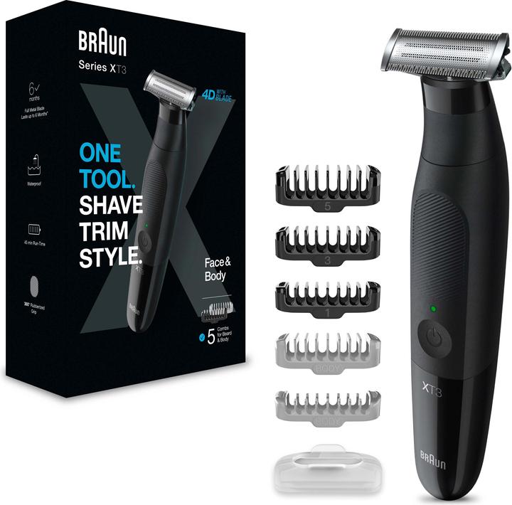 3x comb attachments for trimming facial hair (1, 3 and 5 mm), 2x SkinGuard skin protection comb attachments (0 and 3mm), 1 x power supply, 1x beard trimmer