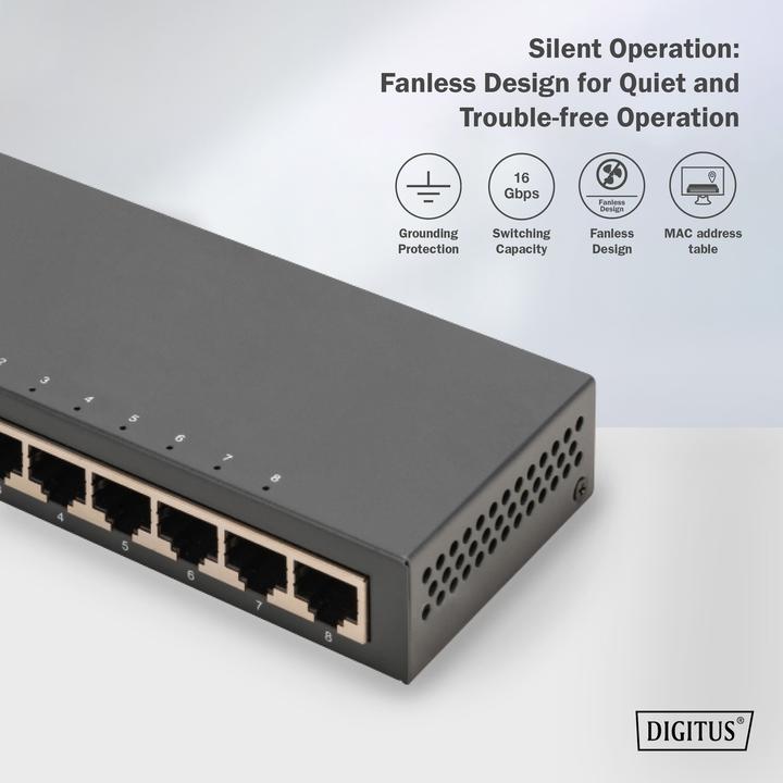 Produktbild Digitus 8-Port Gigabit Switch, Desktop, Unmanaged, Metallgehäuse (8 Ports)