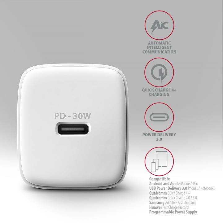 Immagine prodotto Axagon ACU-PD30W, Caricabatterie bianco per presa a muro 30W, 1x porta USB-C, PD3.0/PPS/QC4+/SFC/AFC/Apple (30 W)