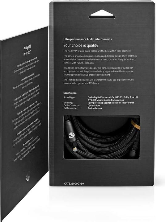 Actual product image Nedis Optical audio cable TosLink Male, 5m, round, braided - Gray With Metal (5 m, Toslink cable)