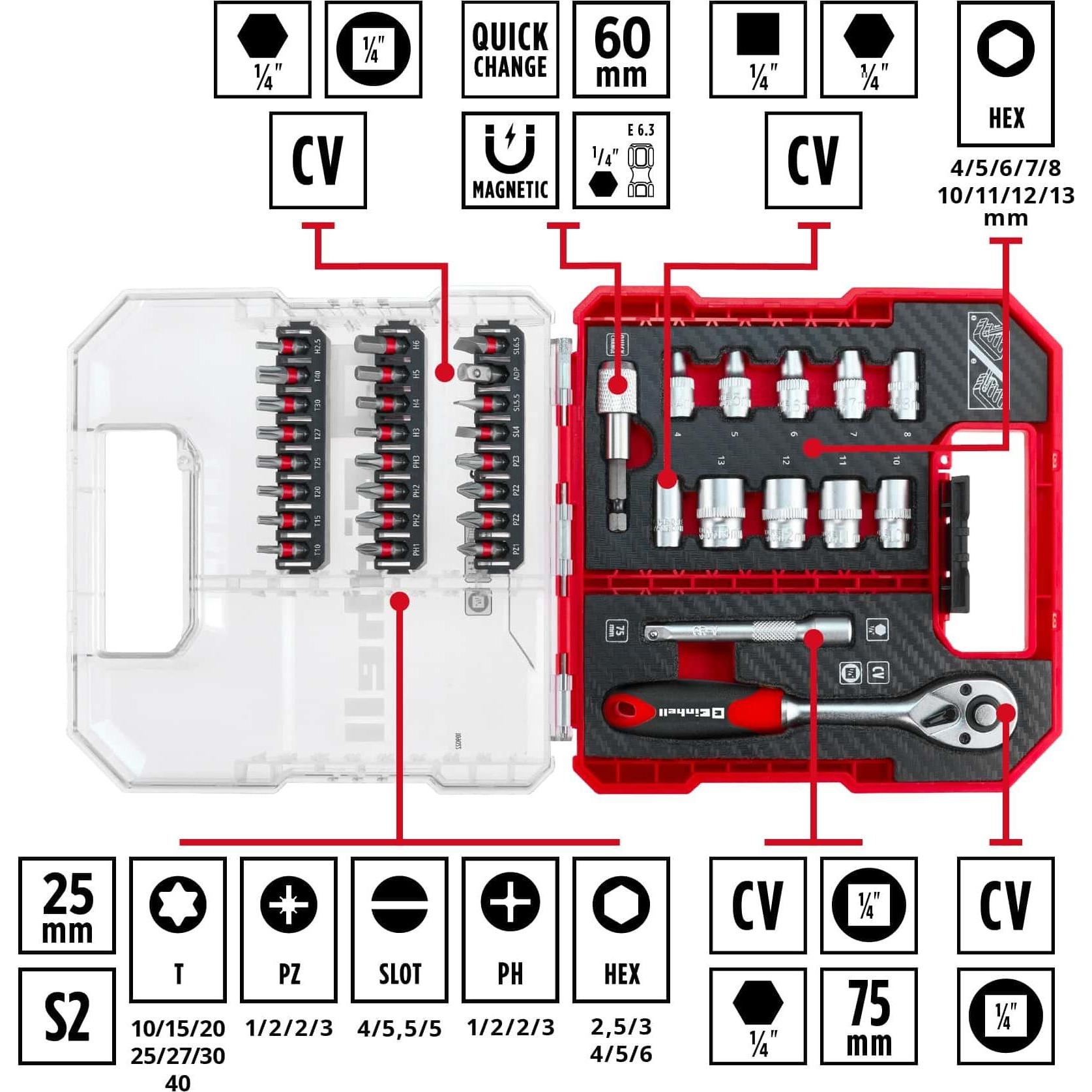 Thumbnail - Einhell, Steckschlüssel + Stecknuss, Steckschlüssel-Bit-Einsatz-Set 1/4" 37teilig 109022 (13 mm, 11 mm, 8 mm, 7 mm, 5 mm...