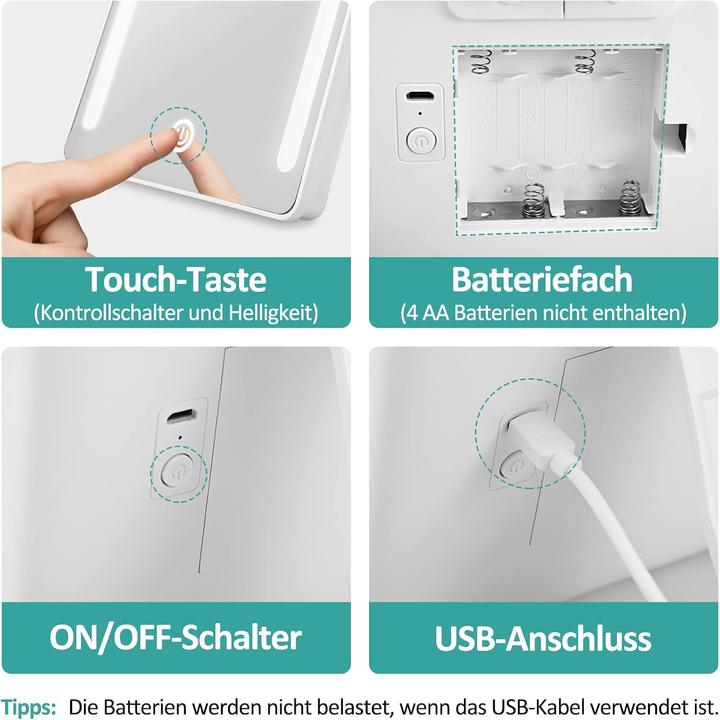 Produktbild Emke Schminkspiegel mit Beleuchtung, mit kleinem Saugnapf kosmetikspiegel Weiss, 3X vergrösserungsspiegel