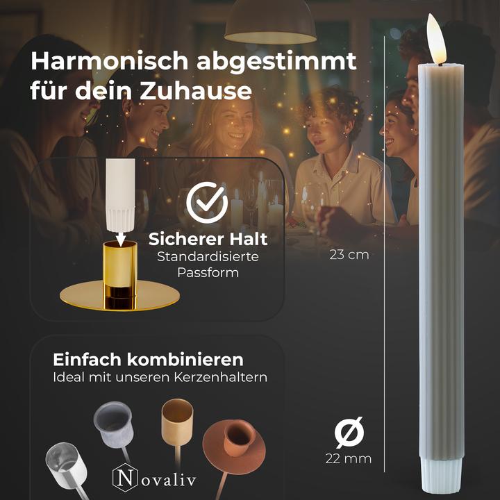 Produktbild Novaliv LED Stabkerzen 12 Stück ECHTWACHS gerippt TAUPE GRAU mit Timer Funktion 6 Stunden 23cm Höhe für (12x)