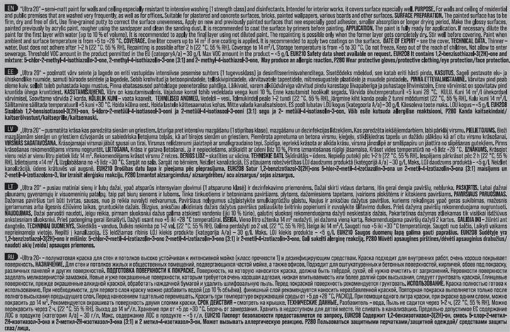 Voedingswaarden en ingrediënten Pentacolor Emulsieverf Ultra 20 Wit 5l (5000 ml)