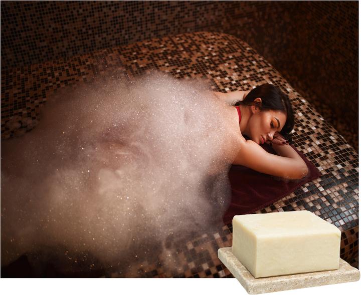 Produktbild Natura Punto Hamam-Seife mit Oliven-Öl, mit Seifenablage aus Travertin (Hartseife)