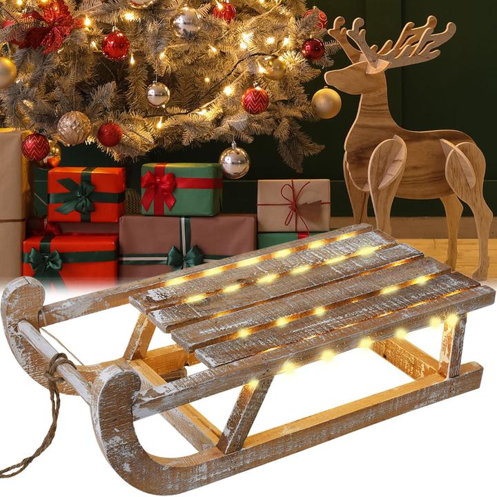 Koopman Dekorativer Leuchtschlitten aus Holz mit 50 warmweissen LEDs, 24 x 16 x 50 cm