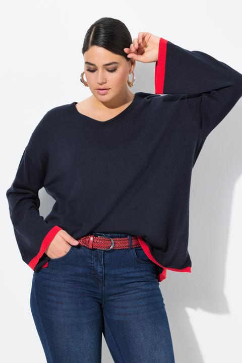 Produktbild Ulla Popken Pullover, farbige Bündchen, V-Ausschnitt, Langarm (50, 52)