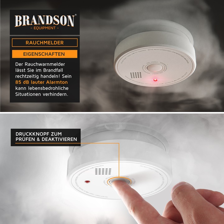 Produktbild Brandson Rauchmelder, wechselbare 9V Blockbatterie, Smoke Detector, LED, TÜV geprüft & EN14604 Zertifiziert