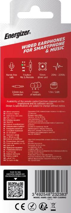 Actual product image Energizer Wired headphones - CIA5 - jack / aux 3.5 mm, white (Cable)