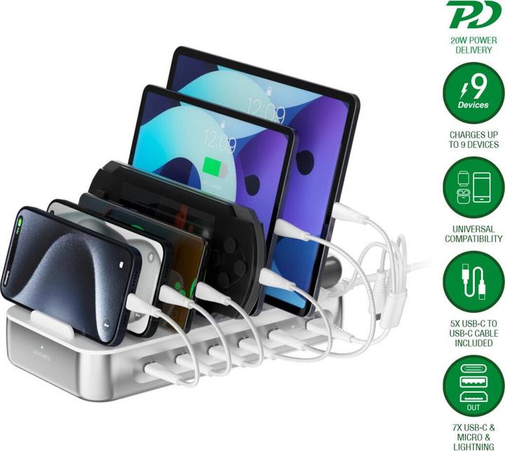 Image du produit 4smarts Ladestation Team 100W 5C/1A inkl. 6 Kabel Silber (100 W)