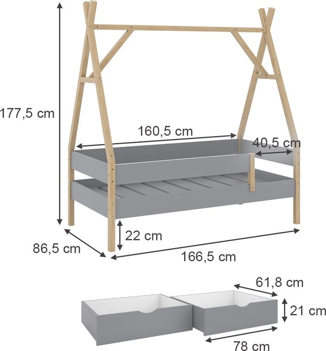 Produktbild VitaliSpa Tipi-Bett Bali, Grau, 80x160 cm mit 2 Schubladen (80 x 160 cm)