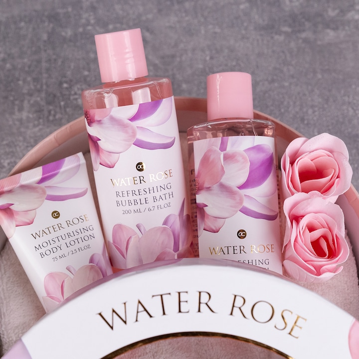 Actual product image Accentra WATER ROSE bath set in gift box, incl. 200ml shower gel, 200ml bubble bath, 75ml body lotion, 2 x (Body care set, Hair care set)