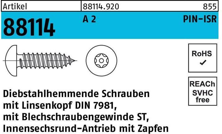 Produktbild Schraube R 88114 diebstahlh. Liko ISR Zapfen 5,5 x 50 A 2 (100 Schrauben pro Stück)