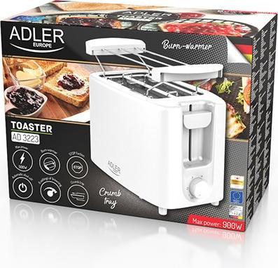 Produktbild Adler Toaster AD 3223 Power 750 W, Number of slots 2, Housing material Plastic, Baltas