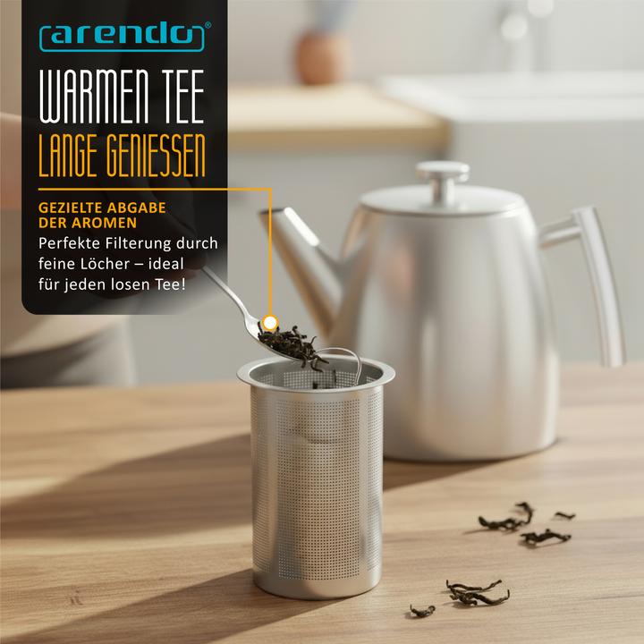 Produktbild Arendo Teekanne aus Edelstahl, Metallgriff, Siebeinsatz, 1L, Isolierkanne, Doppelwandig, Edelstahl Teesieb (1 l)