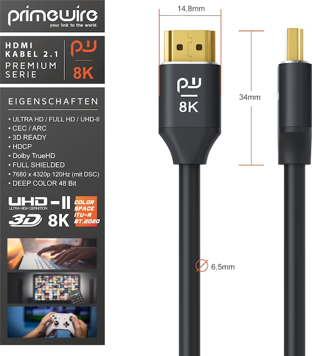 Actual product image Primewire HDMI Cable 2.1, 8K 60 Hz, Premium Ultra HD, High Speed 7680 x 4320 @ 120 Hz - 4k @ 240 Hz with DSC (2 m, HDMI)