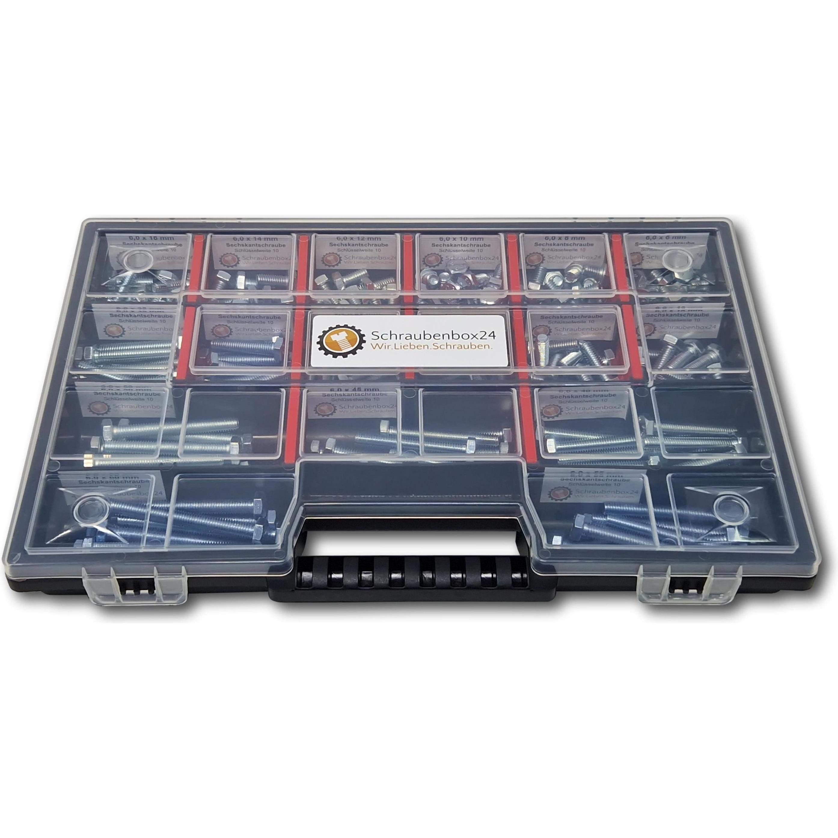 Schraubenbox24, Schrauben, Sechskantschrauben Sortiment M6 // 6mm-60mm 200 tlg Schraubenbox DIN 933/ISO4017 (200 Schraub...