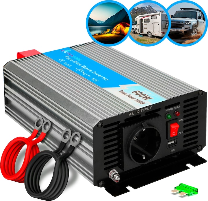 Produktbild Extralink VOLTAGE CONVERTER -,, PURE SINUS OPIP-600W power adapter/inverter Auto Aluminium, Black