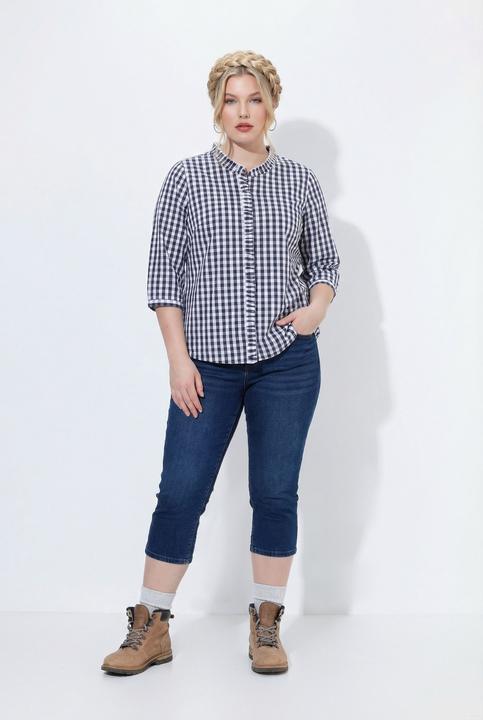 Actual product image Ulla Popken Checked Ruffle Trim 3/4 Sleeve Button-Down Shirt (46)