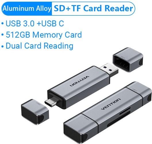Actual product image Vention 2-in-1 USB 3.0 A+C card reader - grey (USB-C 3.2 Gen 1)