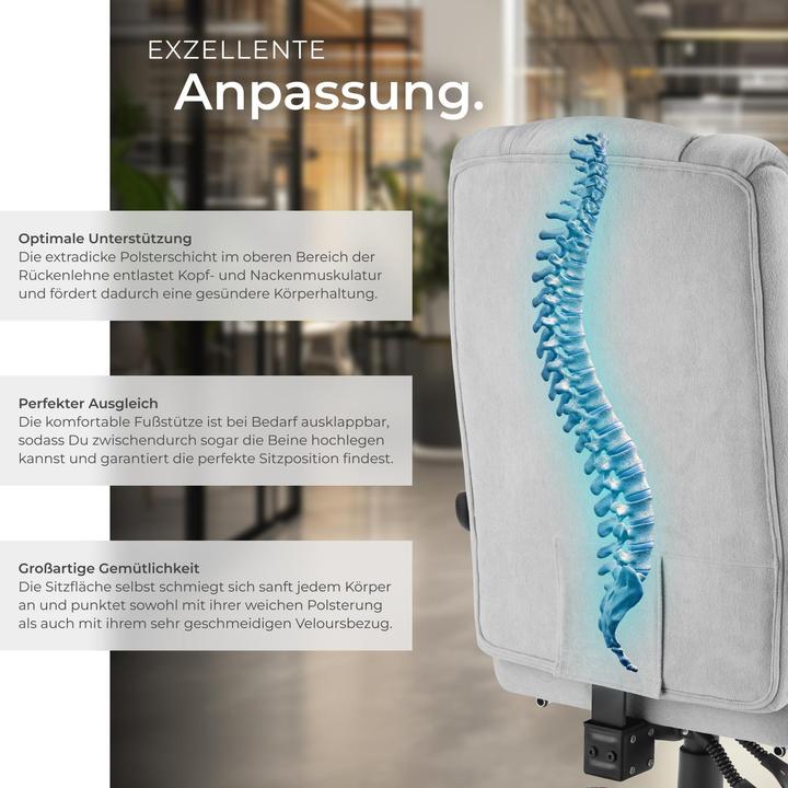 Produktbild tectake Bürostuhl Jillien mit Fussstütze und Velourbezug