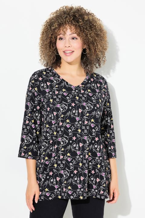 Actual product image Ulla Popken Scribble Print 3/4 Sleeve Split Neck Tee (54)