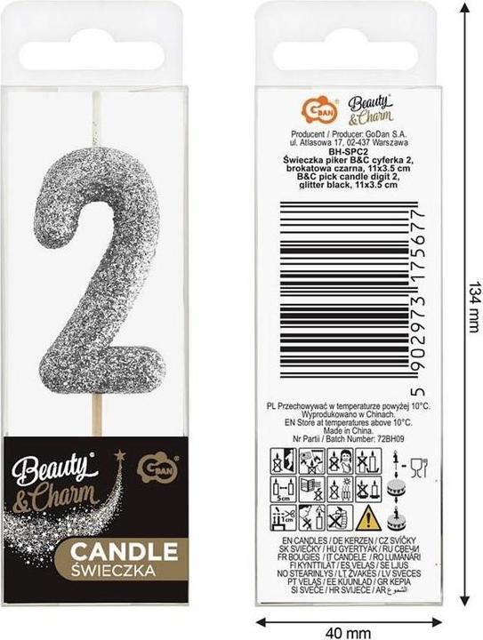 Productafbeelding GoDan Piker Kerze 2 schwarzer Glitzer 11x3,5 cm (1 Pcs.)