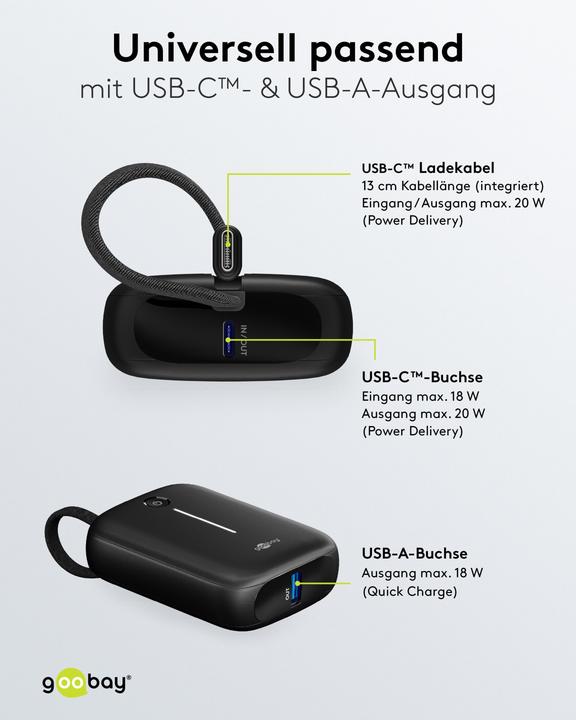 Productafbeelding Goobay Powerbank 10.000 mAh mit integriertem USB-C-Kabel (10000 mAh, 15 W, 37 Wh)