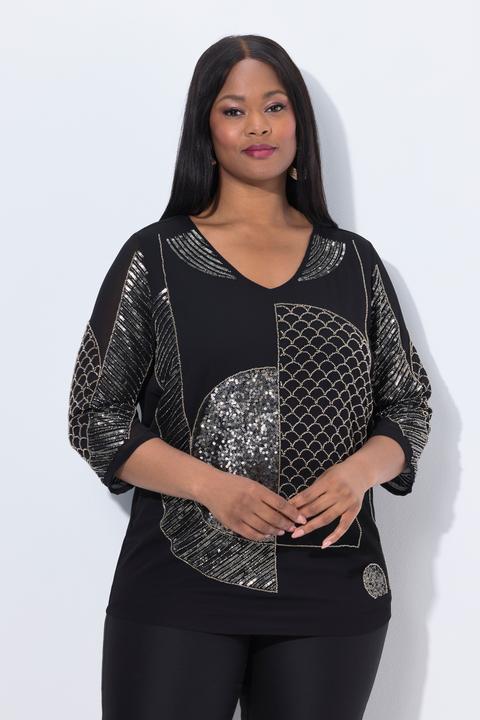 Actual product image Ulla Popken Chiffon-Bluse, Pailletten/Perlen, V-Ausschnitt, 3/4-Arm (42, 44)