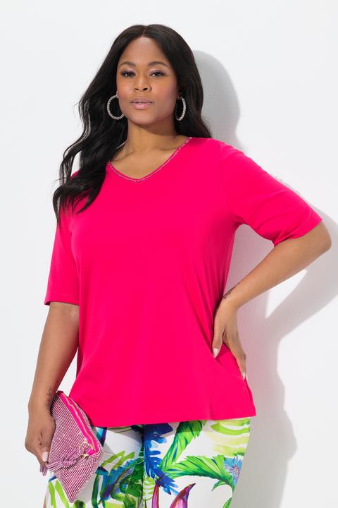 Immagine prodotto Ulla Popken T-shirt dal taglio svasato in cotone Pima con scollo a V e mezze maniche (46, 48)