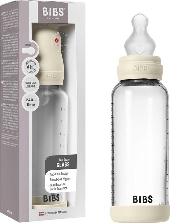 Productafbeelding Bibs - Glass Baby Bottle Round Silicone Medium Flow - Ivory - 240 ml (240 ml)