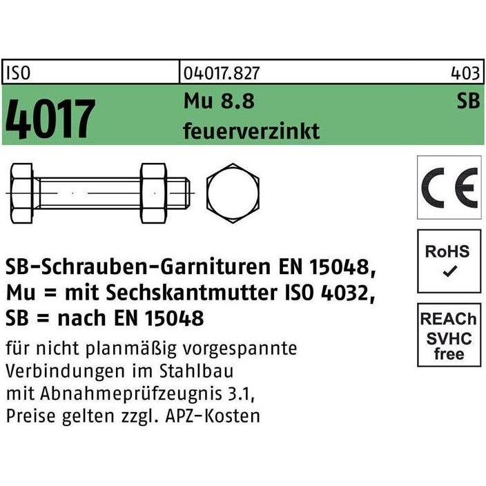 Bufab, Schrauben, Sechskantschraube ISO 4017 VG m.Mutter M 30 x 130 8.8 feuerverzinkt (1 Schrauben pro Stück)
