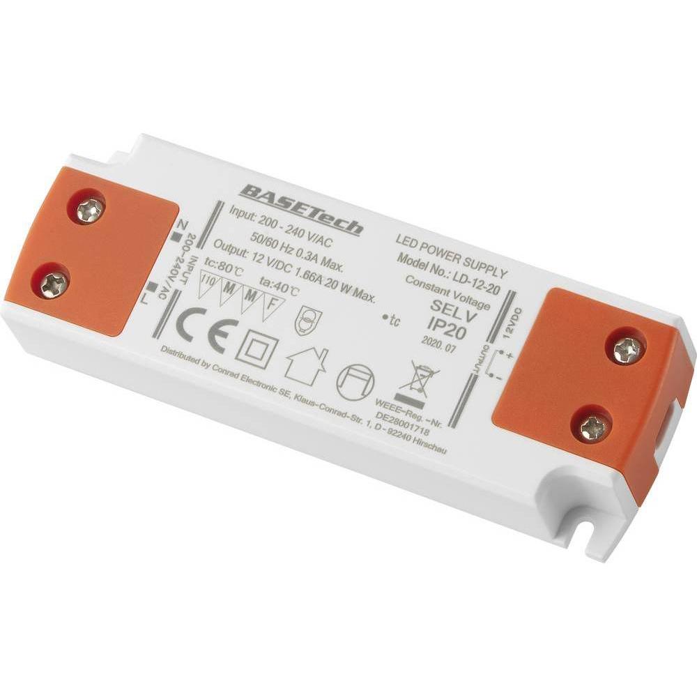 Basetech, Zubehör Beleuchtung, LD-12-20 LED-Trafo Konstantspannung 20 W 1.66 A Möbelzulassung, Übers
