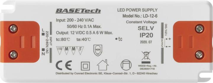 Actual product image Basetech LD-12-6 LED transformer constant voltage 6 W 0.5 A Furniture approval, overpan