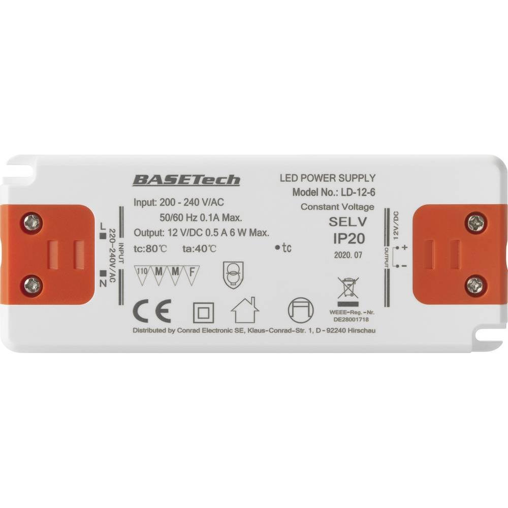 Thumbnail - Basetech, Zubehör Beleuchtung, LD-12-6 LED-Trafo Konstantspannung 6 W 0.5 A Möbelzulassung, Überspan