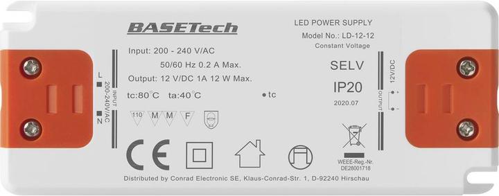 Actual product image Basetech LD-12-12 LED transformer constant voltage 12 W 1 A furniture approval, overpan