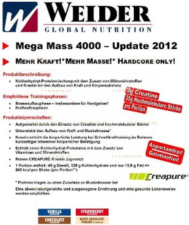 Immagine prodotto Weider Mega Mass 4000 (barattolo da 3000 g) (Fragola, 1 x, 3000 g)