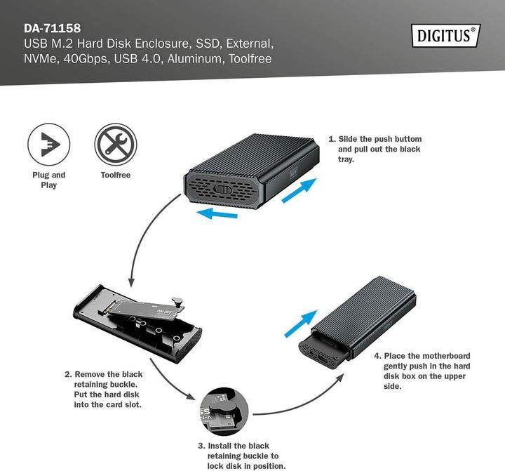 Produktbild Digitus USB M.2 Festplattengehäuse, SDD, extern, NVMe, 40Gbps, USB 4.0, Aluminium, toolfree (M.2 2230, M.2 2242, M.2 2260, M.2 2280)