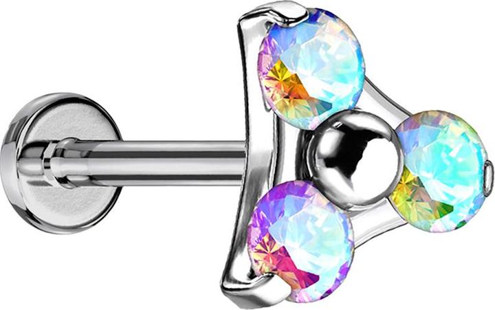 Image du produit Star Piercing Micro Threadless Labret argent triangle trois cristaux multicolores (sans laiton, Titane)