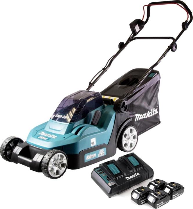 Actual product image Makita DLM 432 PM4 Tondeuse à gazon sans fil à 36 V (2x 18 V) 43 cm brushless + 4x Batteries 4.0 Ah (Rechargeable battery operated)