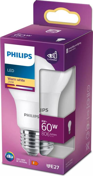Image du produit Philips LED 60W A60 E27 WW FR ND 1PF/10 (E27, 806 lm, 1 x)
