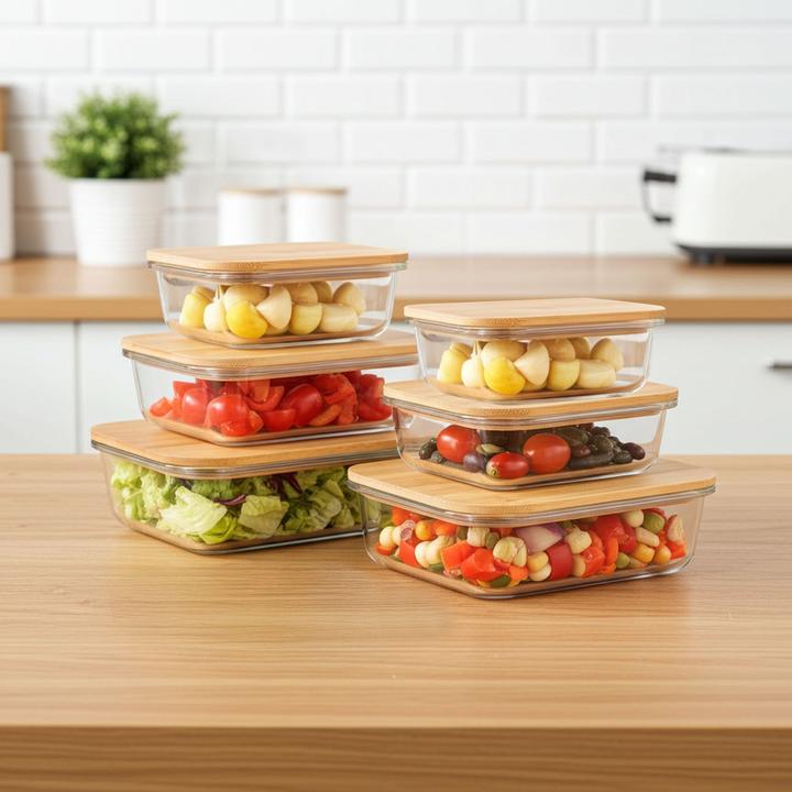 Actual product image Ideoon 6er-Set Hochwertige Vorratsdosen mit Deckel, rechteckig, Glas/Bambus, 3 Grössen (0.37 l)
