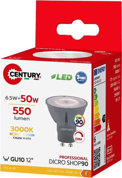 Produktbild Century LED Lamp GU10 Faretto Spotlight Dicro Shop 90 12° 6.5 W (50W ALO) 500 lm 3000K (GU10, 6.50 W, 500 lm, 1 x, G)