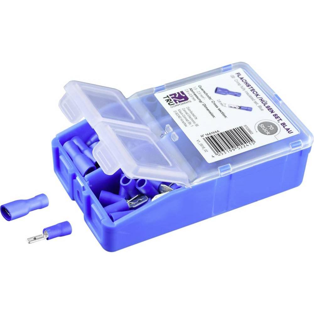 Tru Components Flachsteck/hülsen Sortiment vollisoliert, 140 teilig, Elektronikkabel + Stecker, Blau