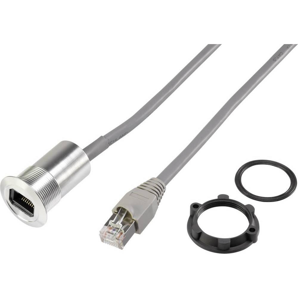 Tru Components RJ45-Einbaubuchse, Kabellänge 1.5 m, Elektronikkabel + Stecker, Grau