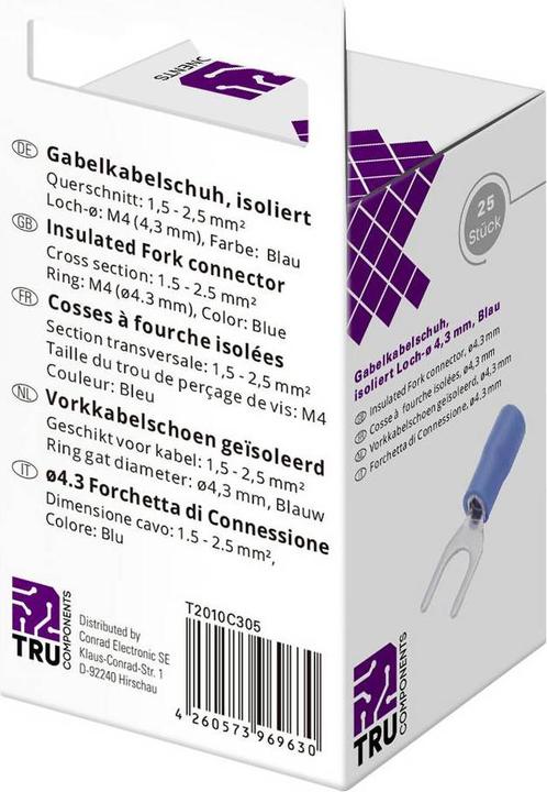 Produktbild Tru Components Gabelkabelschuhe, isoliert - 1.5mmÂ² - 2.5 mmÂ², Loch-Ø 4.3mm, 25 Stk