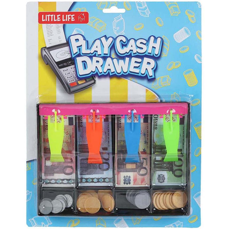 Accessori supermercato giocattolo, Kassenschublade mit Geldscheinen und Münzen 20x14,5cm