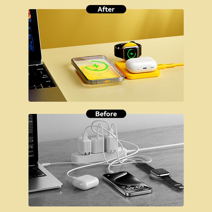 Actual product image Wekome 3in1 wireless charger with MagSafe for iPhone, Apple Watch and AirPods + mirror (yellow)