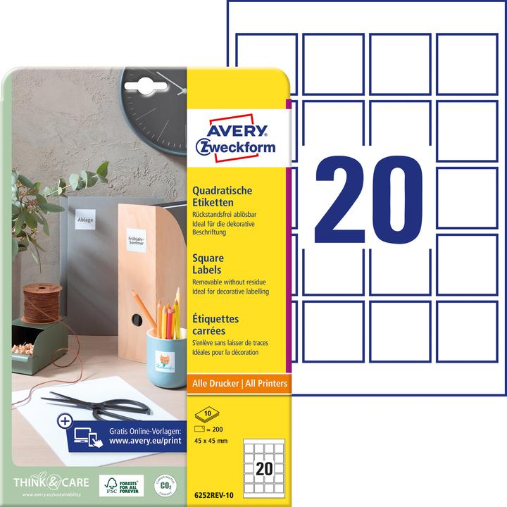 Productafbeelding Avery Zweckform identificatie-etiketten, 45 x 45 mm, wit vierkant, verwijderbaar, papier ongestreken